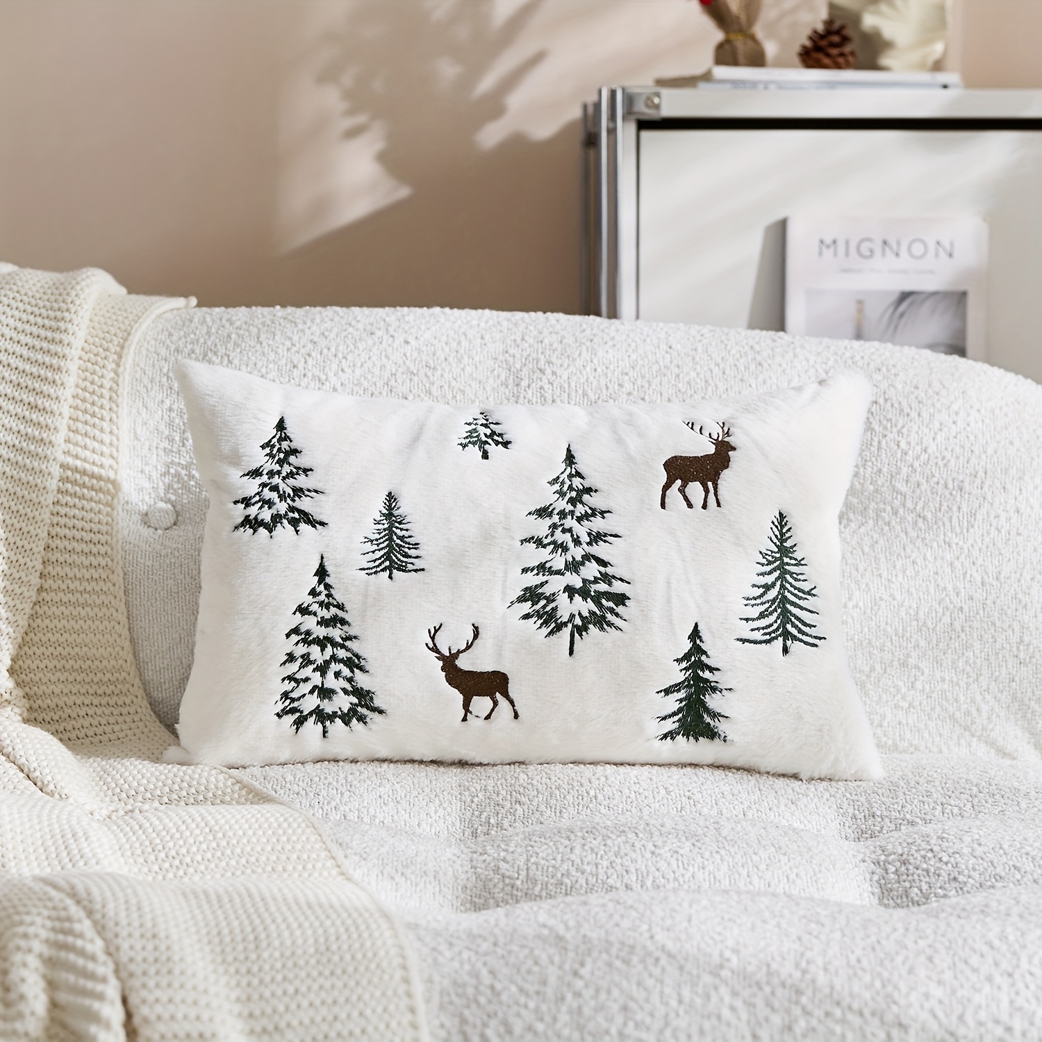 TEMU 1 pieza, de almohada de navideña, Fundas de cojín con árboles de Navidad y , Bordado de un solo , Adecuada para sofá, , dormitorio, decoración