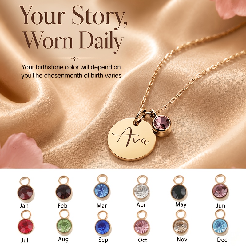 TEMU [customization] Personalized Engraved Text Circular Pendant Necklace, Matching Custom Birthstone Round Pendant, Stainless Steel Material