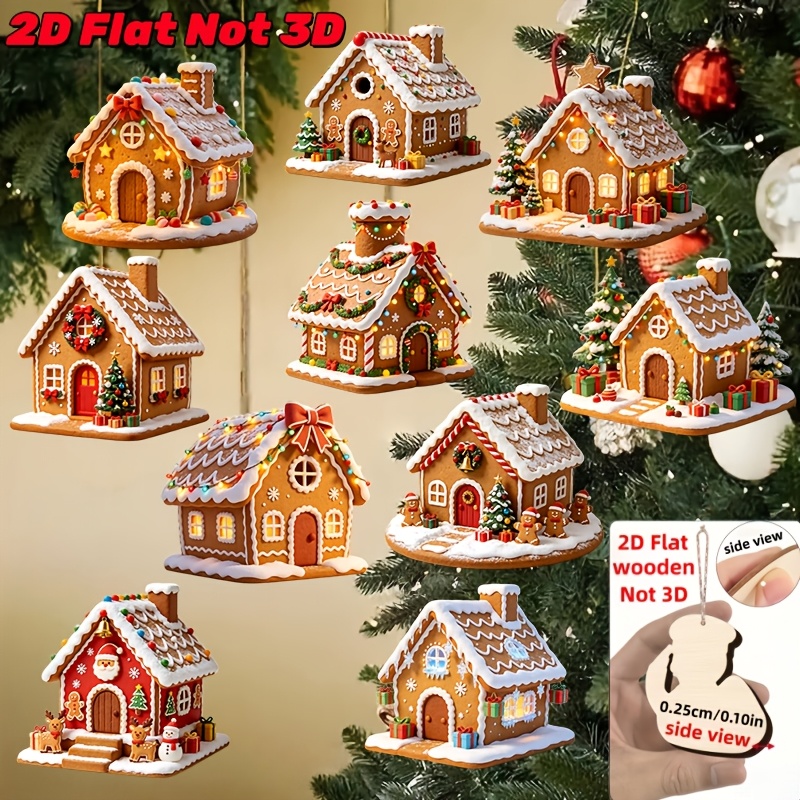 TEMU 2d Flat, 10pcs Set Of Wooden Christmas Cottage Ornaments, Christmas Cottages With Different Decorations, Christmas Tree Hangings, Thanksgiving