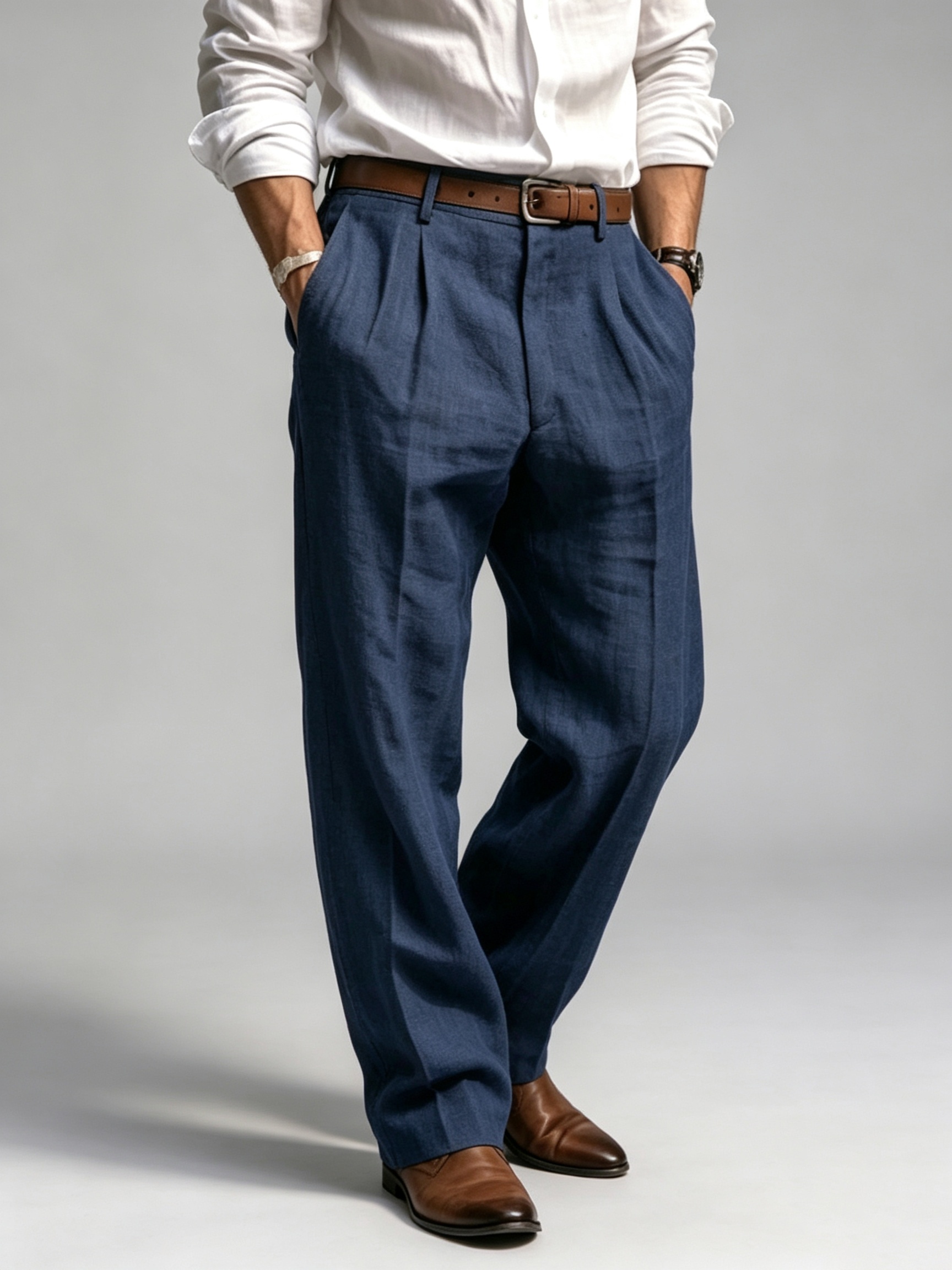 Old Money Outfits Rayon Linen Trousers for Men, Loose Straight Cut Commuter Business Casual Long Pants, Spring Summer Thin Double Pleat Front Pocket Dress Trousers, Casual