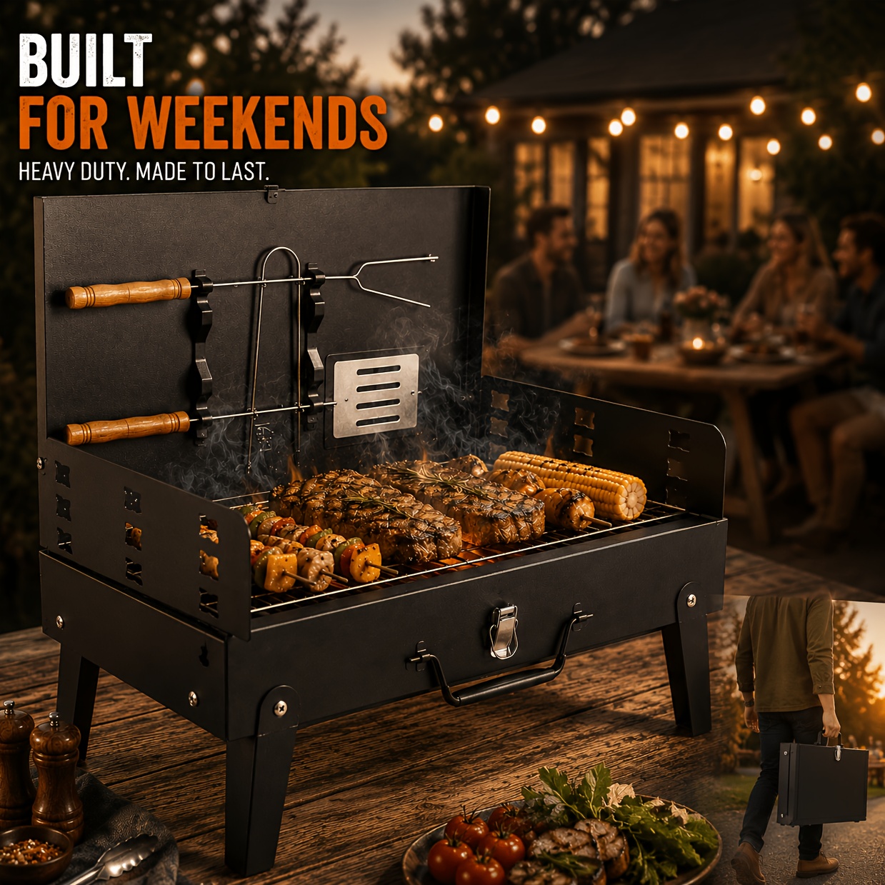 TEMU Portable Charcoal Bbq Grill, Small Outdoor Foldable Barbecue Grill, Collapsible Camping Grill With Bbq Accessories & Windshield, Ideal For