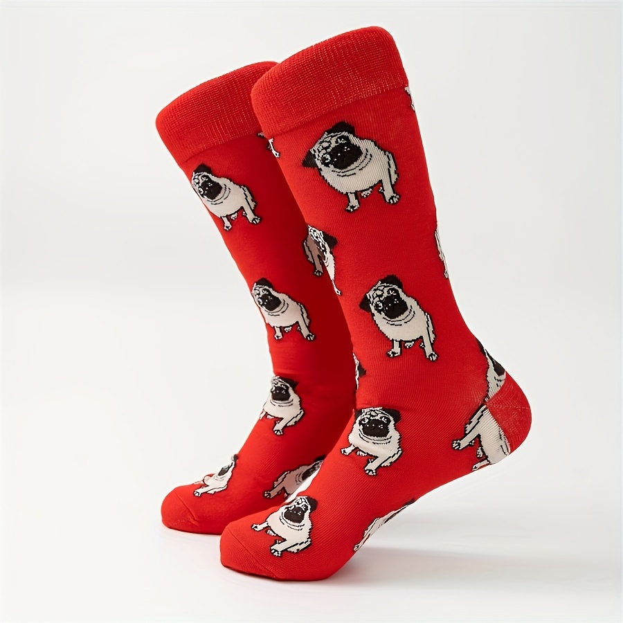 

1 Pair Men's Cotton Crew Socks, Red Pug Dog Cartoon Pattern, Mid-calf Length, Hand Wash Or , Animal Print, Knit Fabric, Fashionable Men's Socks