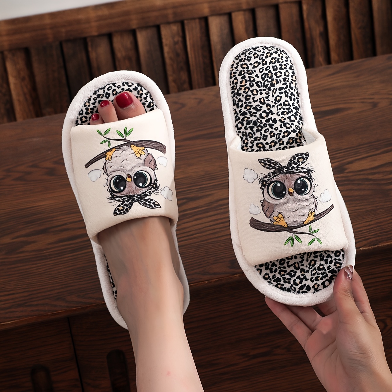 Image of Women's Slip- Owl & Leopard Print Slippers - Lightweight Indoor Suitable For Wear, Soft Cushioned Sole, Machine Washable Fabric Upper & Eva - Cozy For Home Sneakers For Women, Women Shoes