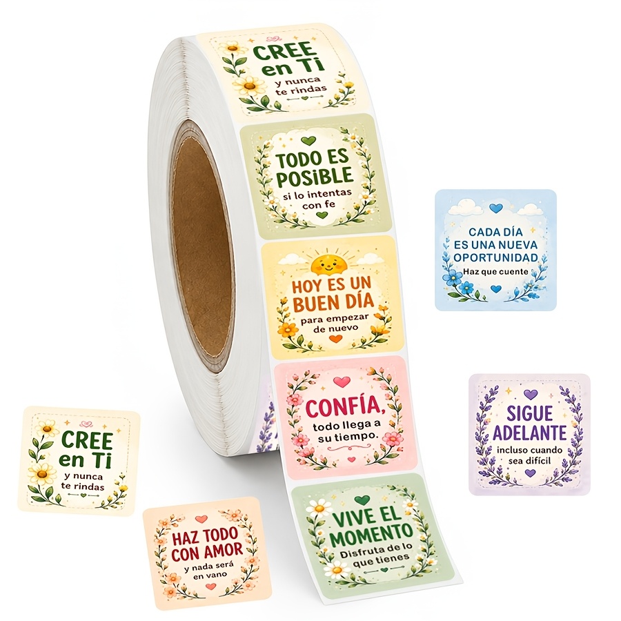 TEMU Rollo de 500 pegatinas motivacionales en español, 10 diseños de etiquetas con citas inspiradoras, pegatinas cuadradas florales de ánimo para