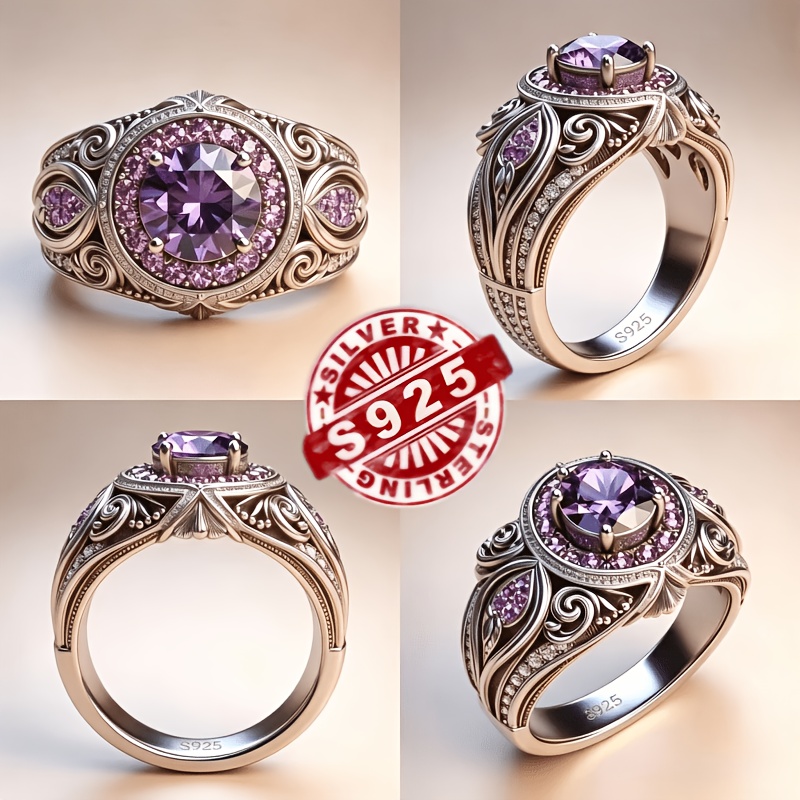S925 Silver Retro Palace Style Purple Natural Stone Ring