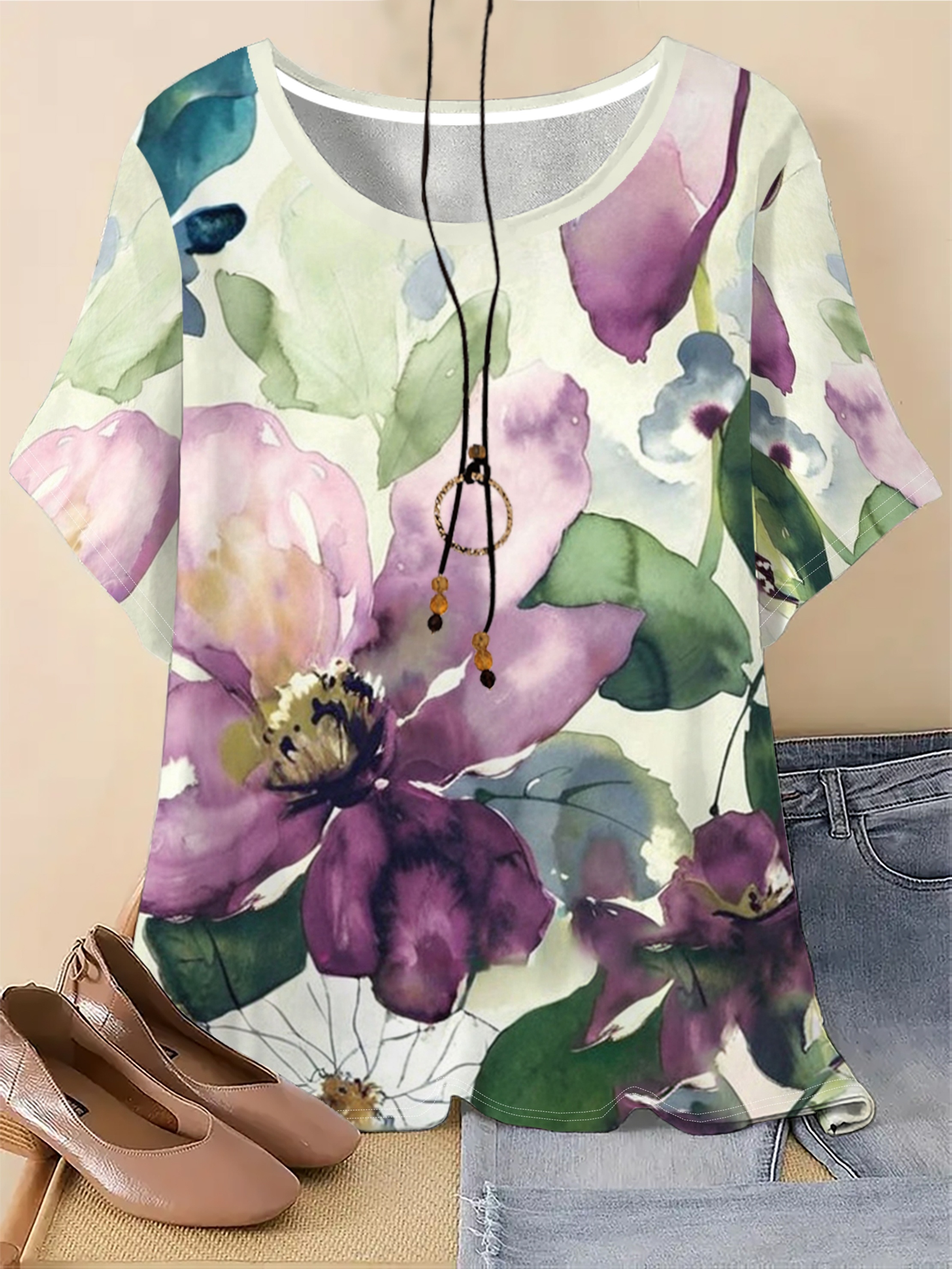 item picture plus size comfortable casual elegant   printed plus size womens round neck short sleeve t shirt