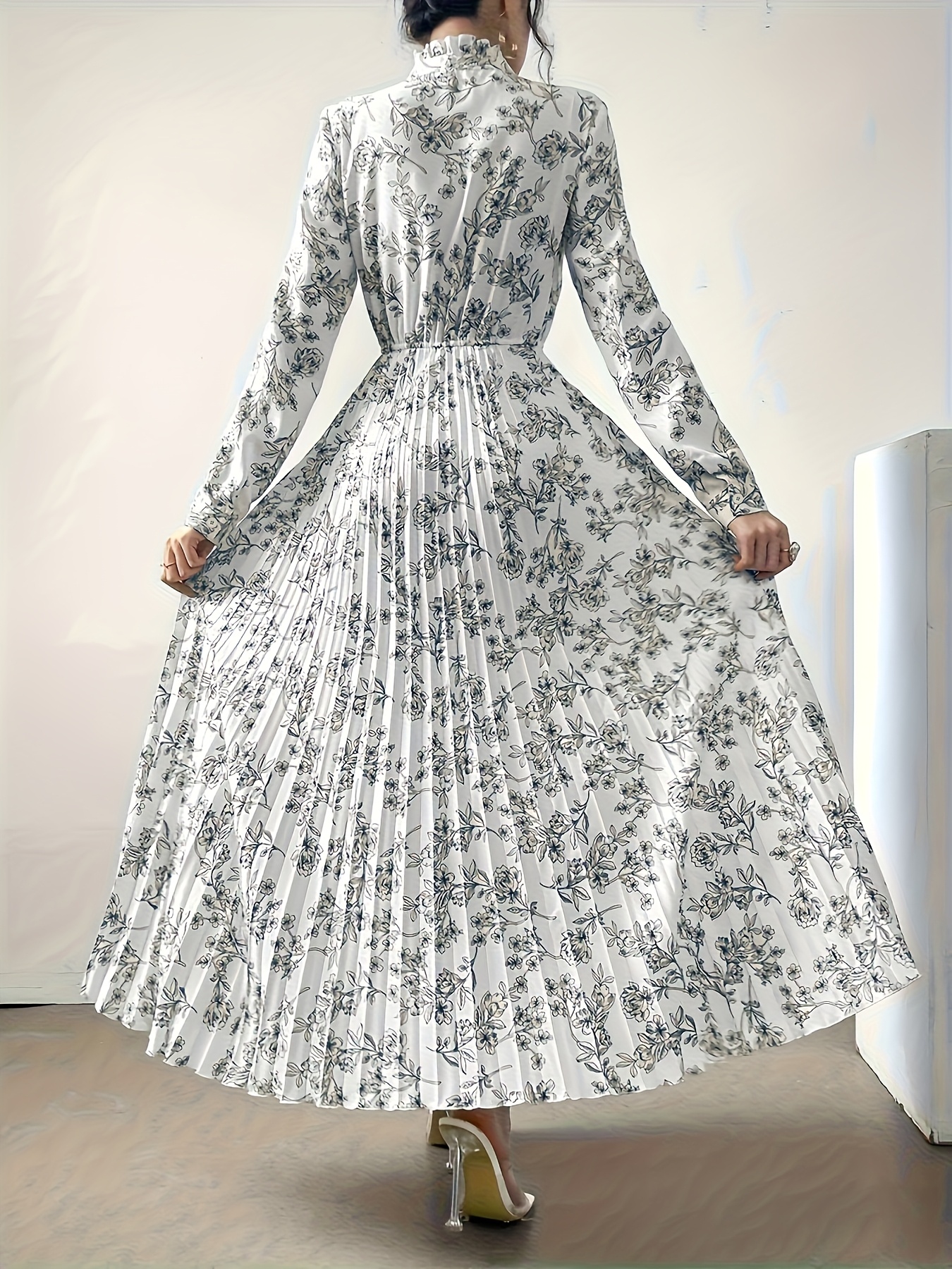 Floral Print Ruffle Neck Pleated Maxi Dress in soft polyester blend