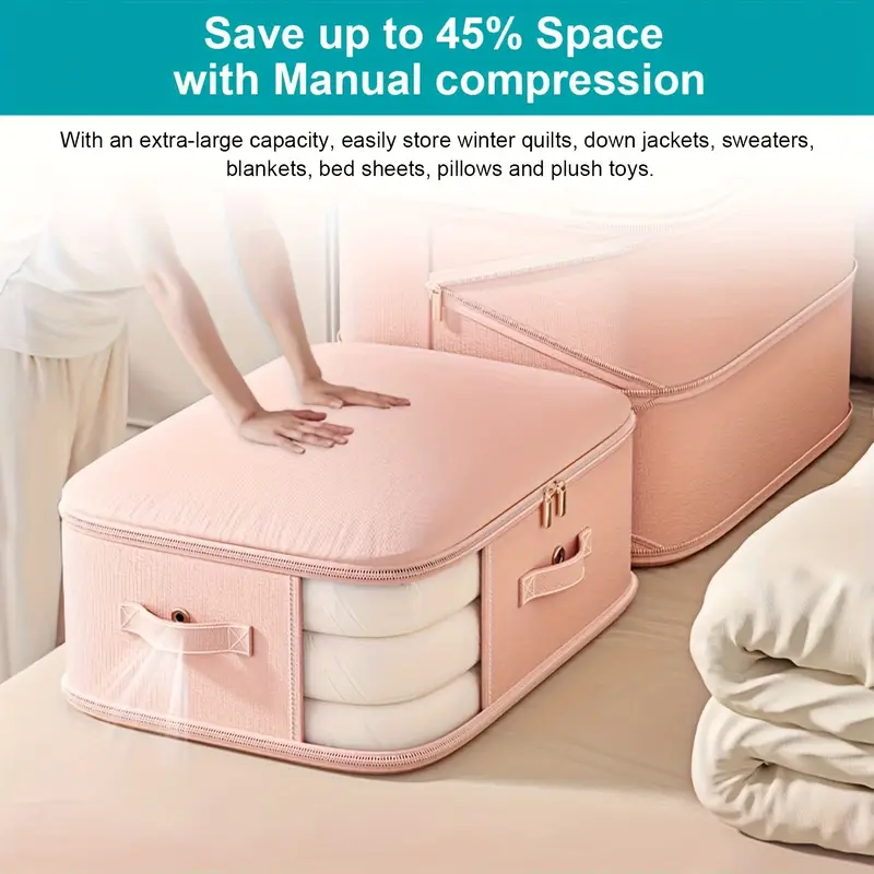 extra large capacity space saving compression storage bags with zipper closure heavy duty nylon organizer for clothes bedding travel stackable compression bags for home moving storage units     pink beige more ideal for closet under bed organization   space saver sturdy handle feature moving supplies   reinforced   home organizers Product details 8
