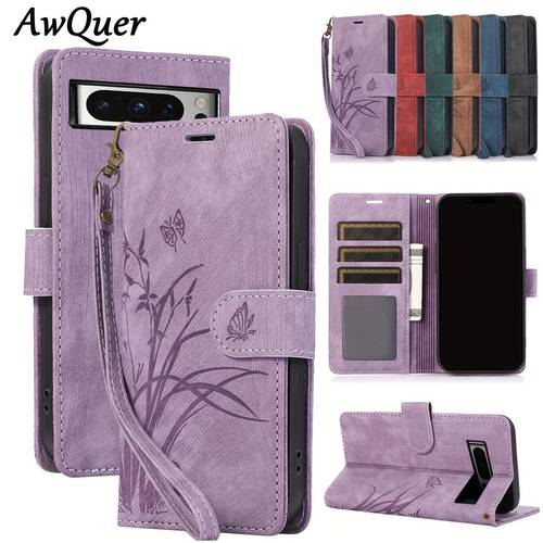 phone case floral flip cover for google pixel 8 8a 7 7a 6 6 with lanyard faux leather wallet with card slot stand and magnetic closure