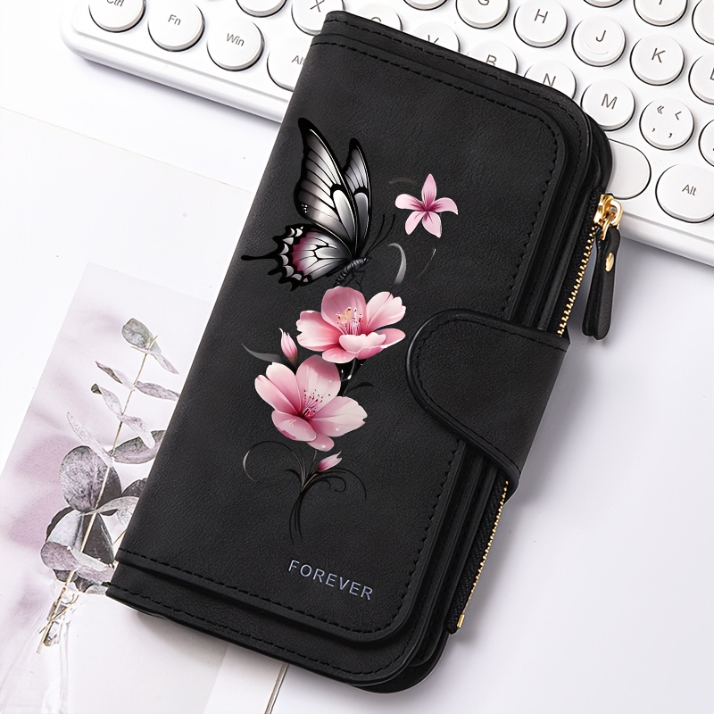 TEMU Ink-style And Floral Large Capacity Women's Printed Long Zipper Wallet | Casual, Lining, Snap Closure, Random Floral Print, Suitable For Travel,