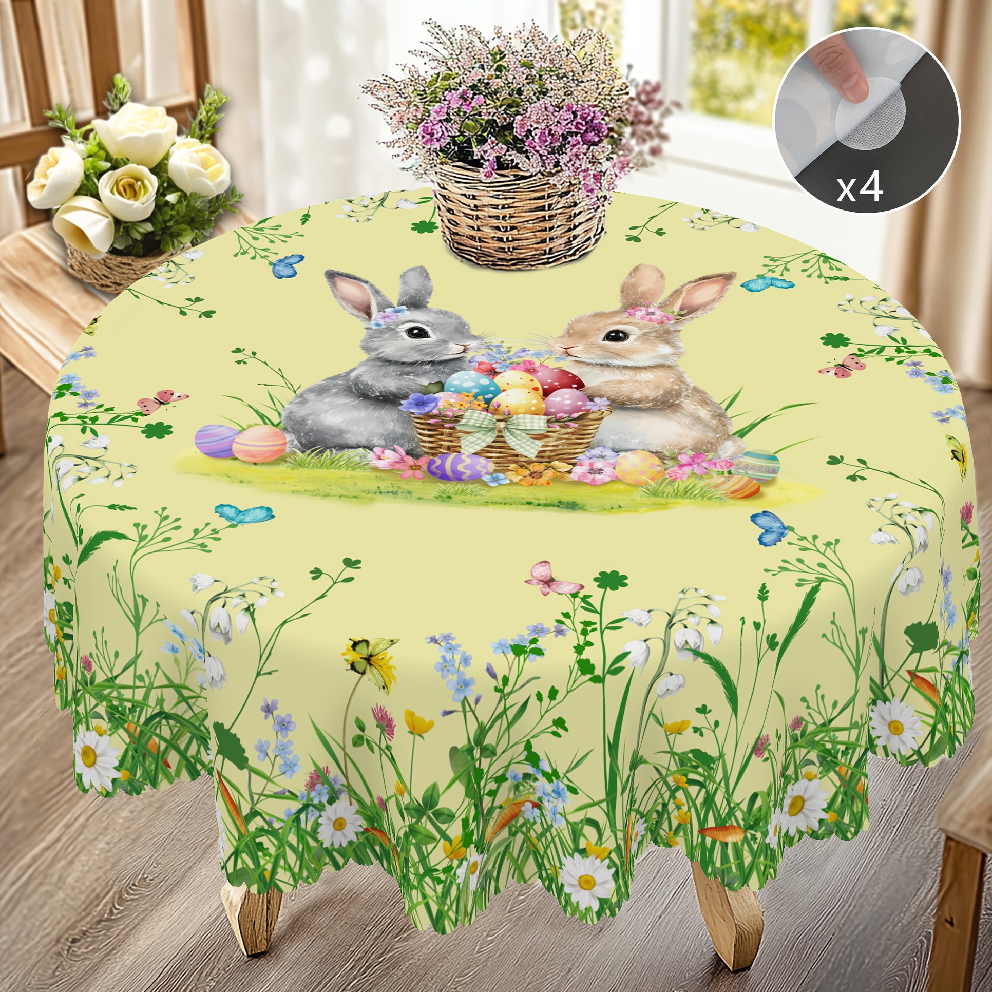 

1pc Easter Bunny And Eggs Round Tablecloth With 4 Self-adhesive Corners, 100% Polyester Woven Table Cover, Spring Floral And Print, Party And Outdoor Decor, Kitchen Accessory, Perfect Easter Gift For