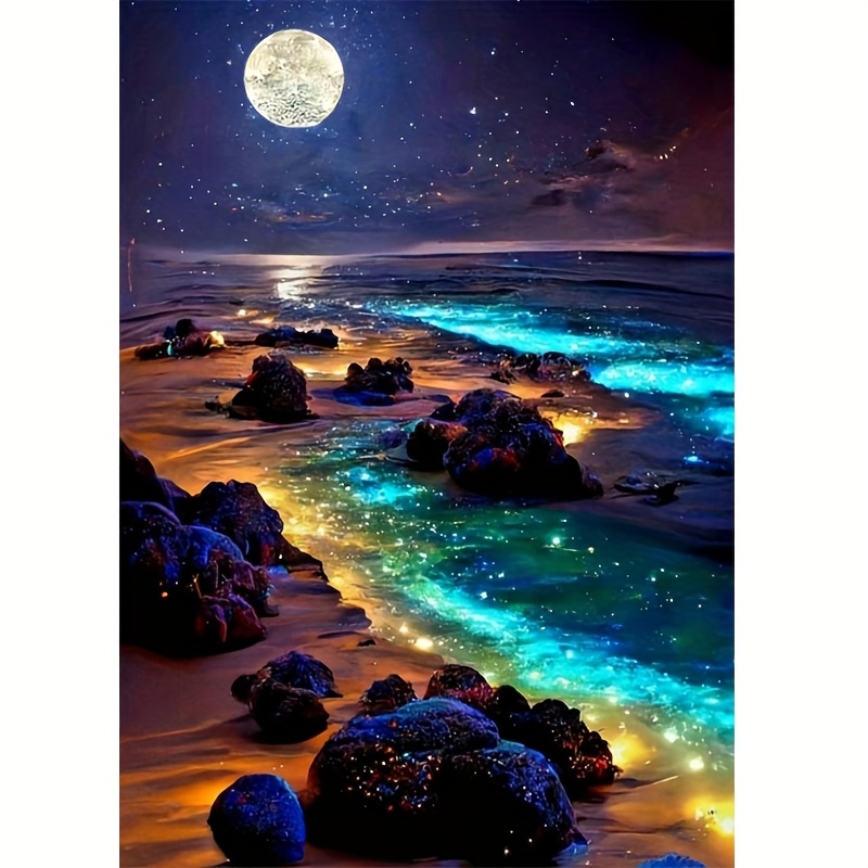 Image of 1pc 5d Diy Diamond Painting Kit - Seaside Landscape With Luminous Sky, Round Acrylic Diamonds - Ideal For Beginners, Home Wall Decor & Gift