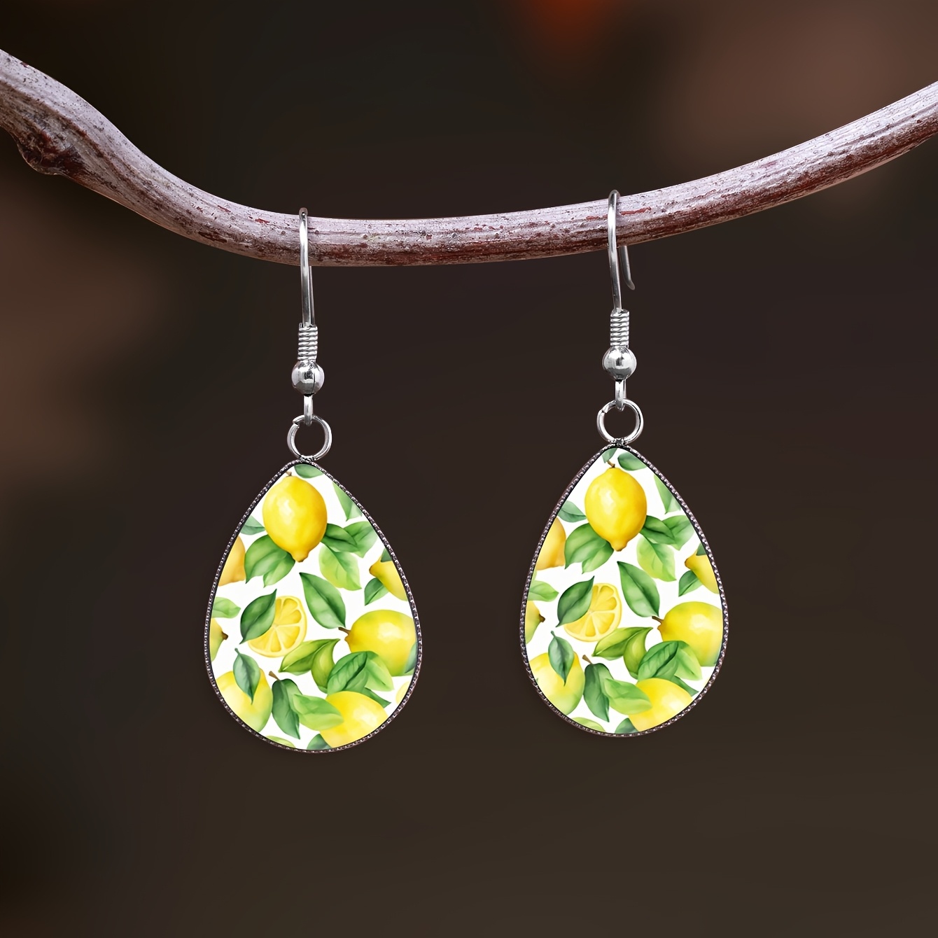 E-shop 1 Paar Sommer Kühlendes Zitronenmuster mit Konvex Glas 316 Edelstahl Tropfen Ohrringhaken, Einfacher Stil Geeignet für Damen Tägliches Geschenk