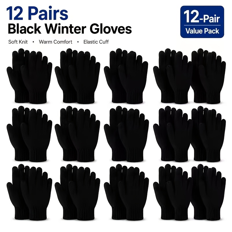 TEMU 12 Pairs Of Unisex Black Knit Gloves, Winter Thermal Gloves, All Sizes Fit Most People, Soft All-finger Knit Design, Stretch Cuffs, Suitable For