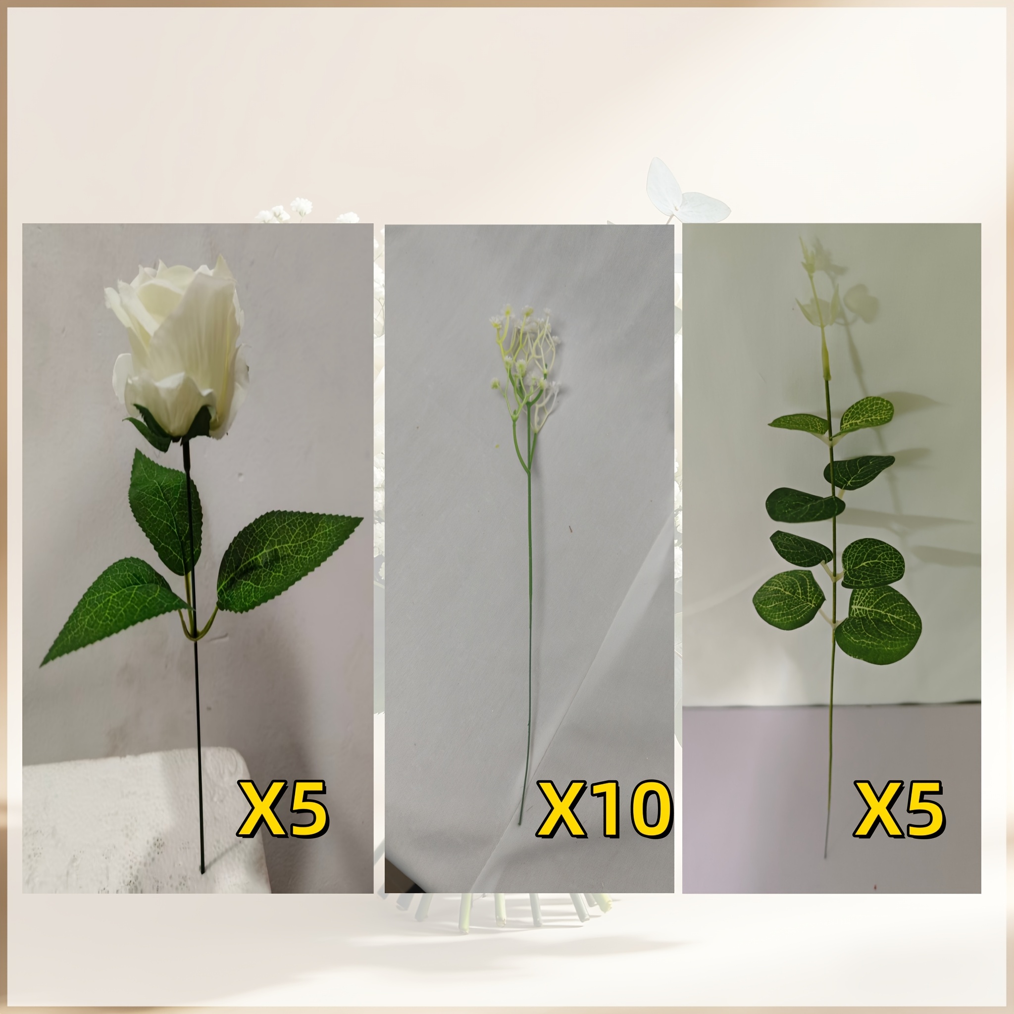 TEMU 20pcs White Rose, Eucalyptus, 's Breath Bouquet - Realistic Faux Flowers - Home Decor, Kitchen Supplies/holiday Decoration/artificial Flowers -