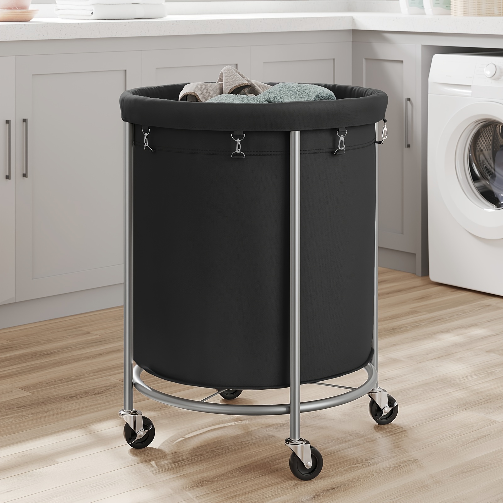 

1pc Laundry Basket With Wheels, Rolling Laundry Hamper, 45 Gal., Round Laundry Cart With Steel Frame And Removable Bag, 4 Casters And 2 Brakes