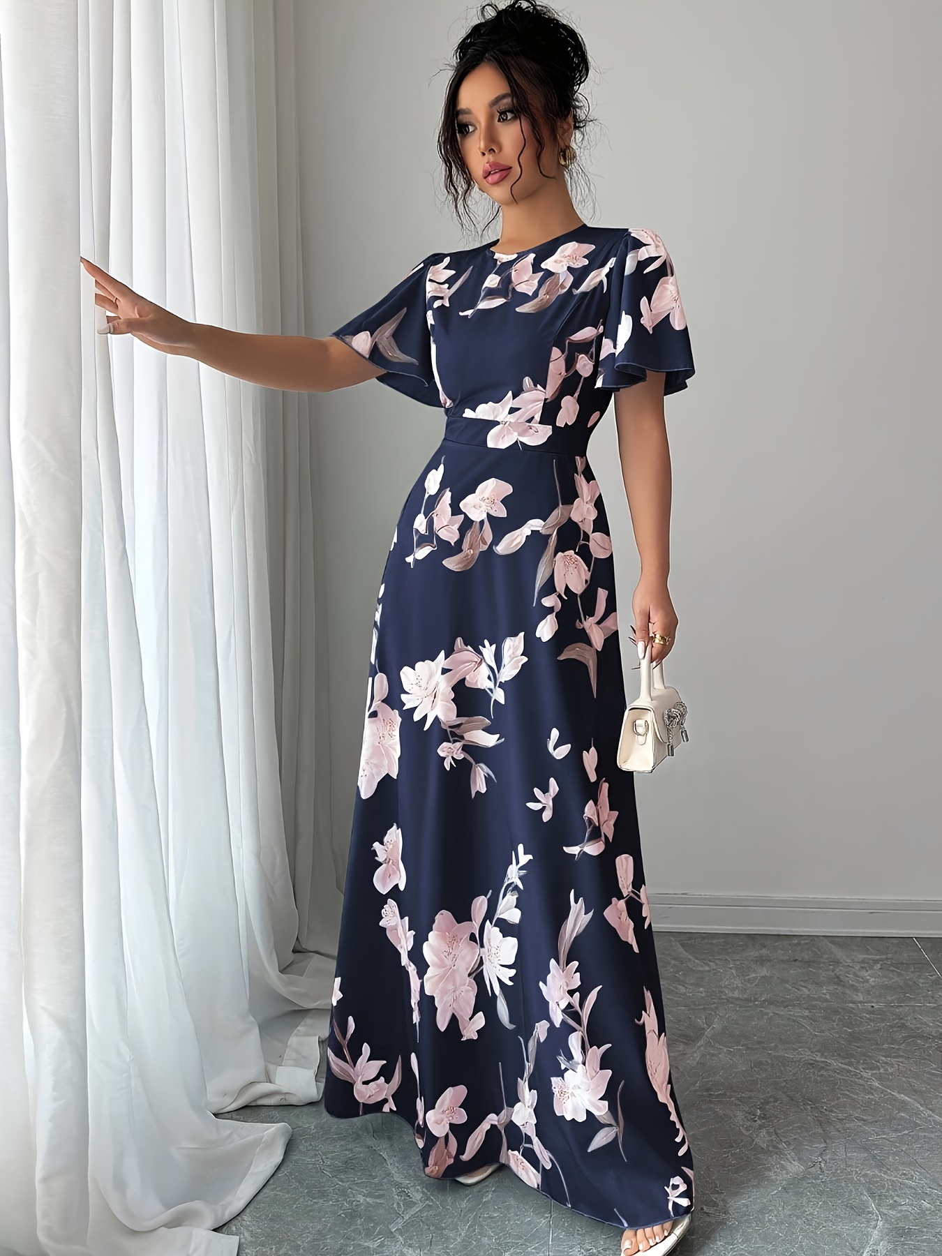 Spring Summer Round Neck Floral Print * Short Sleeve Elegant Dress