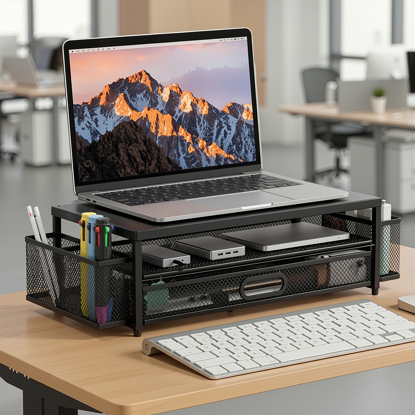 Laptop Stand With Drawer And 2 Pen Holders, , Office Supplies, Desktop Storage Organizer, Detachable Storage Space, Stable And Durable Structure, Suitable For Office, Bedroom, Living