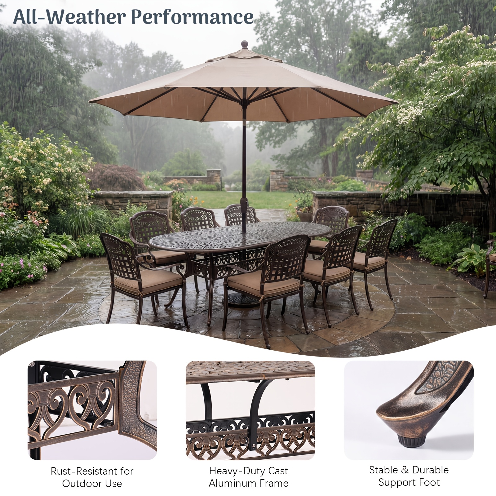 9pcs Cast Aluminum Outdoor Patio Dining Set - Ornate Scrollwork Design, Weather-Resistant Rust-Proof Frame, Oval Table And 8 Cushioned Chairs, Suitable for Garden, Backyard And Poolside Seating