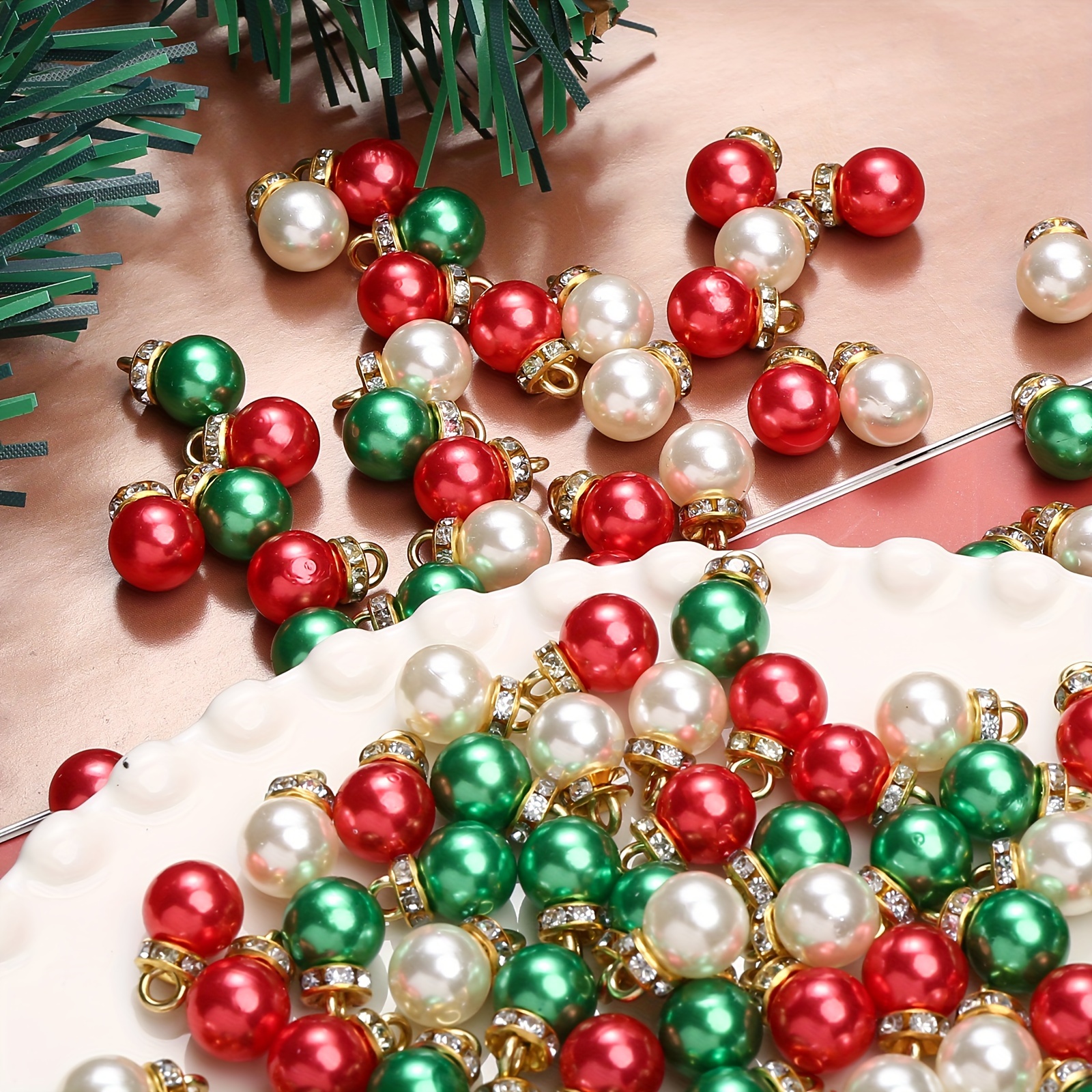 

20pcs Germeglity Acrylic Christmas Charms Set, Red, Green, White Bead Pendants With Golden Spacers, For Diy Earrings & Necklace Jewelry Making