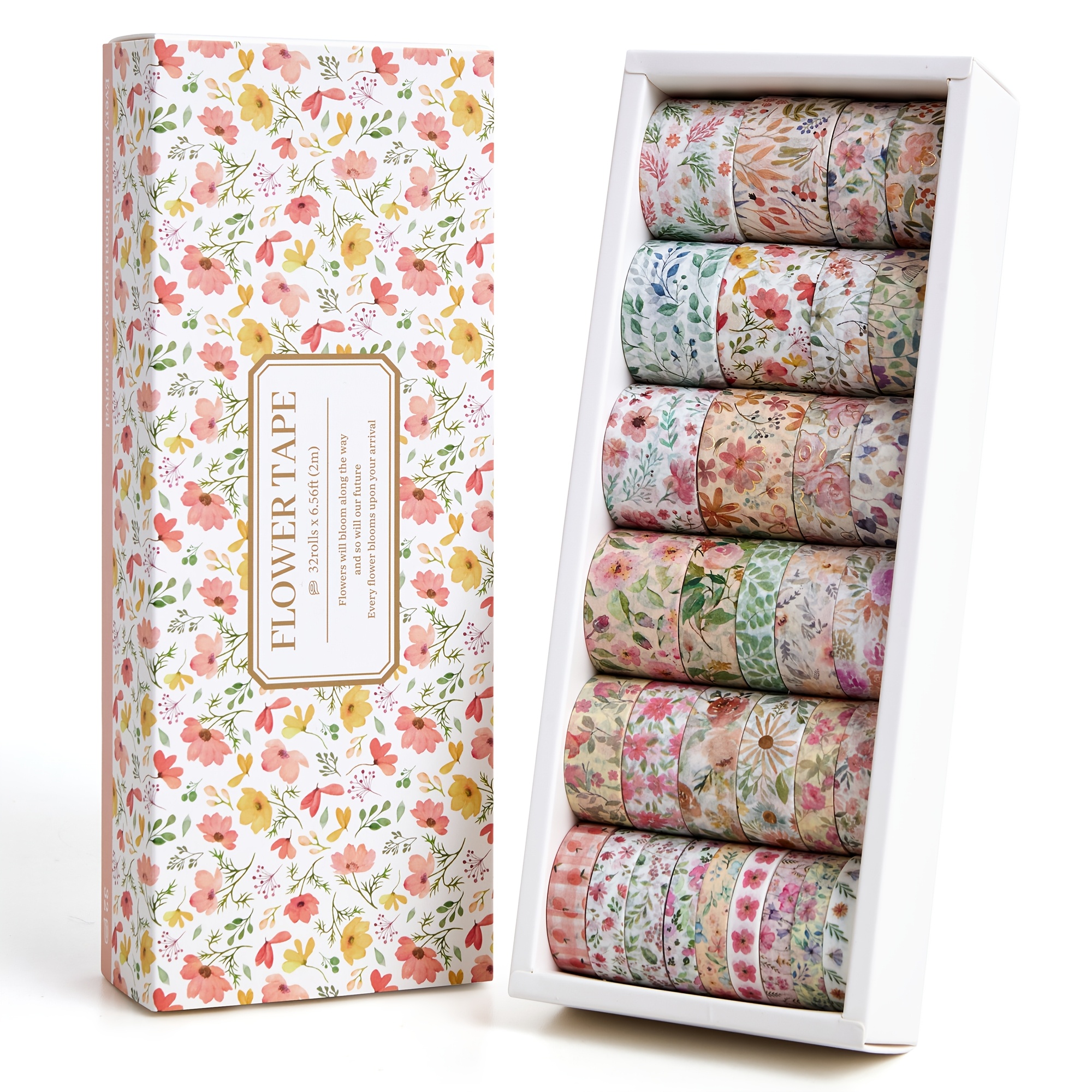 E-shop Set mit 32 Rollen Washi Tape mit bunten Blumendesigns, für Künstler-Journaling, Junk Journals, Bastelarbeiten und Scrapbooking-Dekorationen