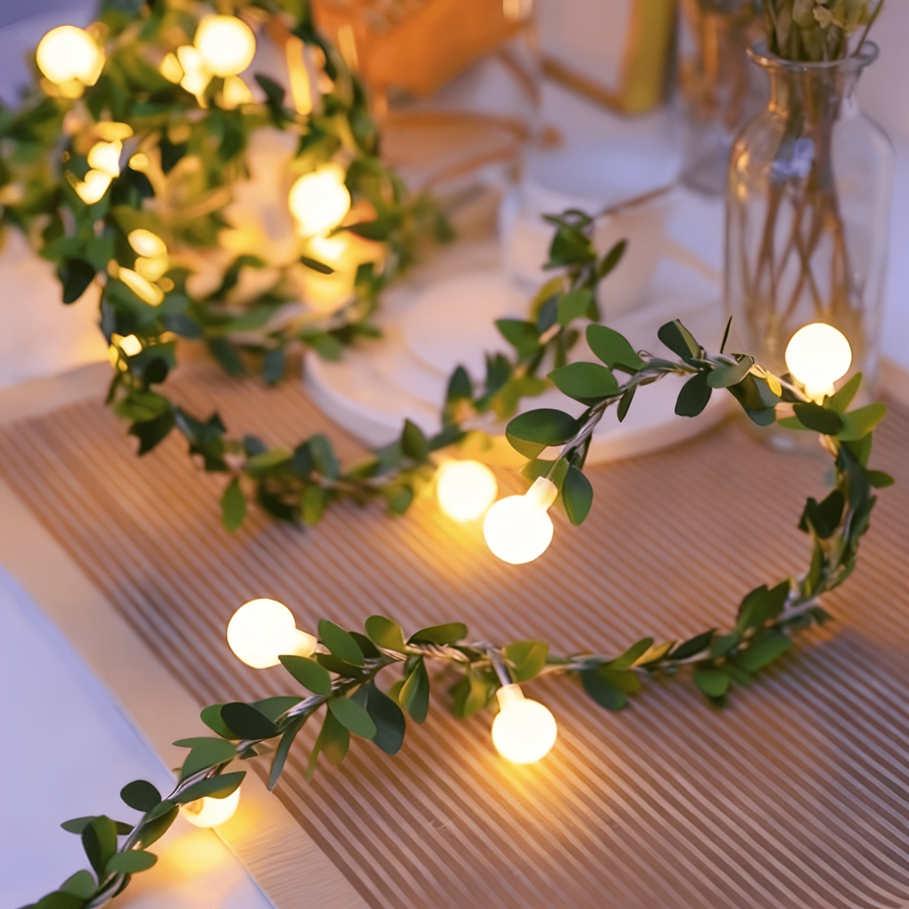 TEMU Led Ivy Mini Ball Fairy Lights With Leaf, Round Ball String Green Vine Garland Lights, Suitable For Bedroom, Room, Wall, Party, Wedding, Holiday
