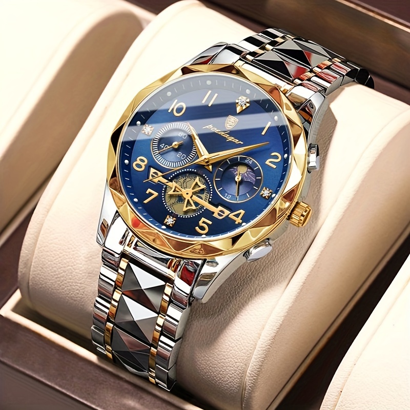 Herren Multifunktionales Quarzuhren, Edelstahl Runder Zifferblatt mit  Kalender, Nicht wasserdicht, Elektronischer Antrieb, Lässige Trendy