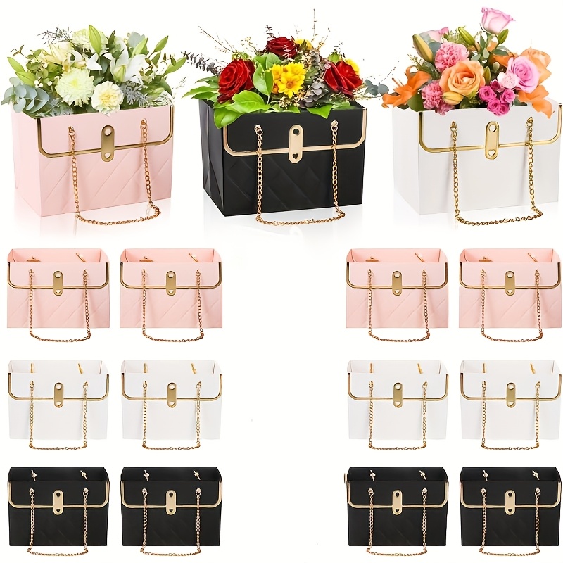 Blumen-Papier-Geschenktüten Mit Metallkette – 4er-Set In 3 Farben (Rosa, Weiß, Schwarz), 15x10x10,5 Cm