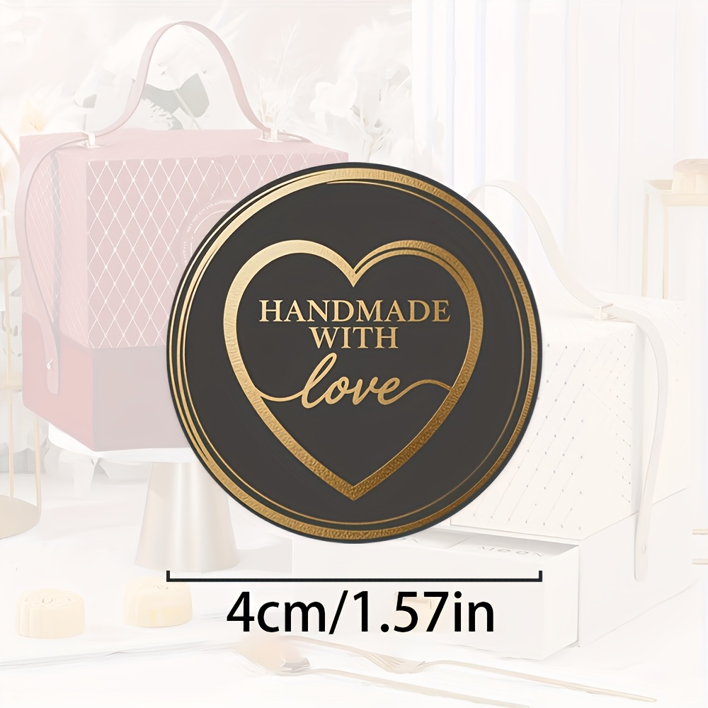 TEMU 42 stuks Ronde Stickers "Handgemaakt" Gouden Hart Elegante Lettertype - Premium Zwart en Gouden Design, Geschikt voor Kleine Bedrijf