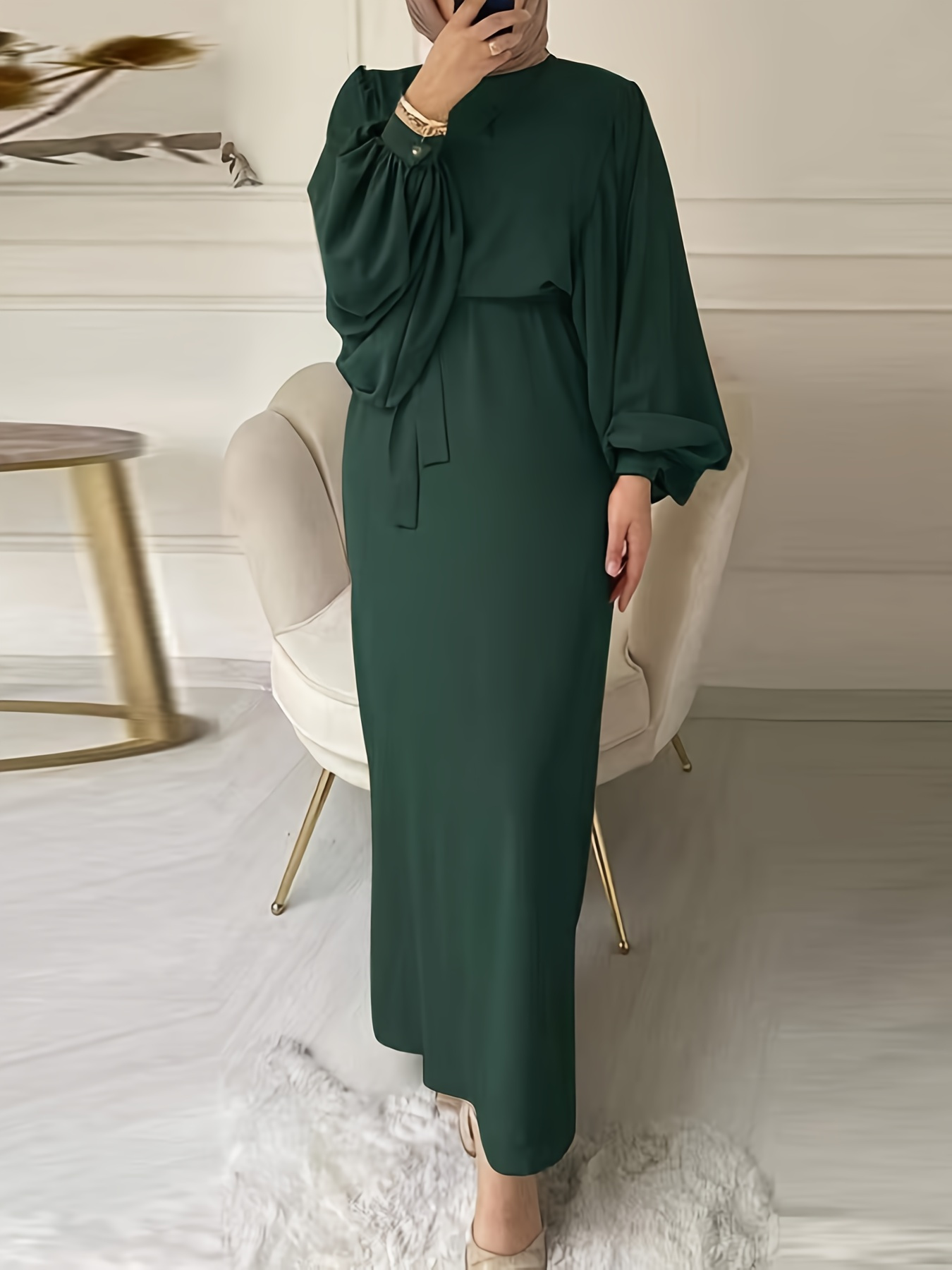 Women's Long Sleeve Abaya Dress Modern Arabic Style Solid Color Round  Neck Adjustable Tie Waist Casual Dress with Belt Elegant Long Dres