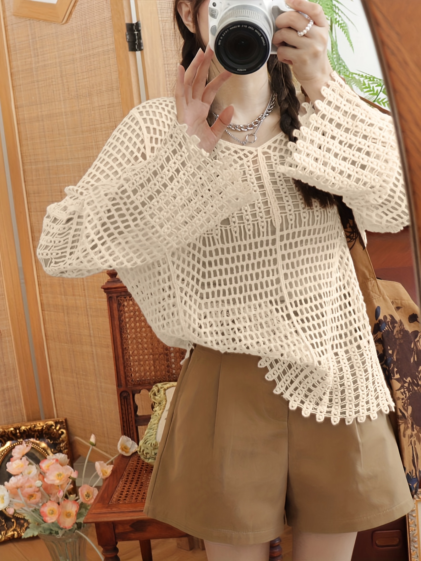 Elegant Long Sleeve Knit Top for Women Loose Fit, Hollow Out Design,  Cream Color, Versatile Fall Fashion Pullover with Scalloped Hem Ca