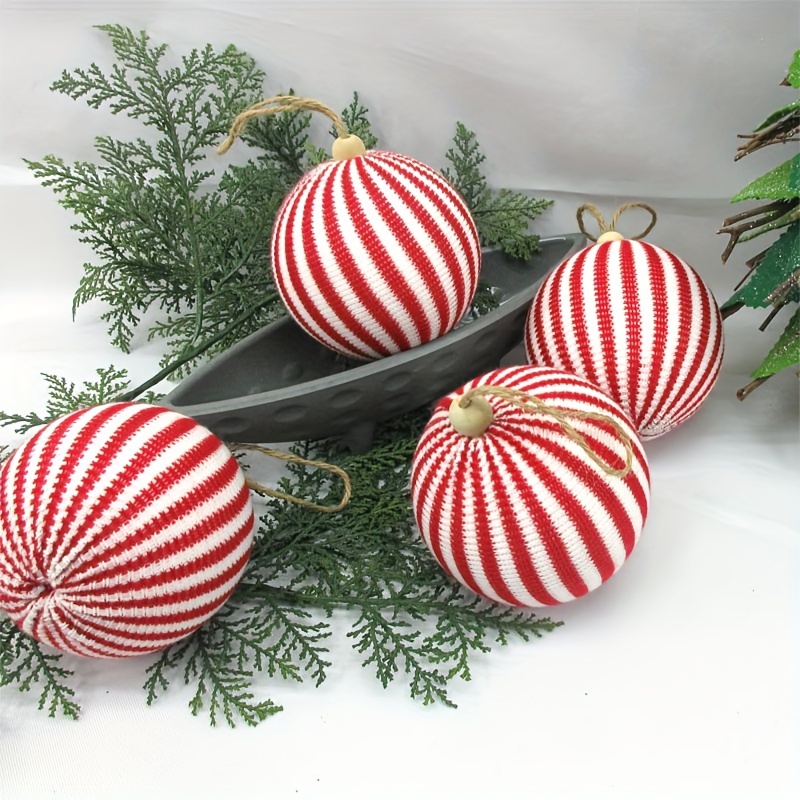 

4pcs Set Christmas Red & White Woolen Balls With Wooden Beads - 3.94" Festive Holiday Decorations For Tree, Home, And Party