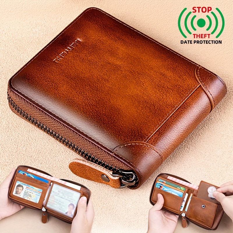 

Banyanu Vintage Style Men' - Genuine Leather Compact Multifunctional Zippered Coin Purse With Photo Slot - Polyester Lined Short Bifold Wallet, Light Brown - N2018