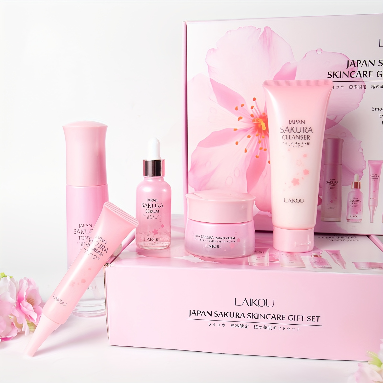 Poklon set za svakodnevnu njegu kože Sakura, uključuje gel za pranje lica 100g, tonik 120ml, serum 30ml, kremu za područje oko očiju 30g, dnevnu i noćnu masku za lice 50g, duboko hidratantno