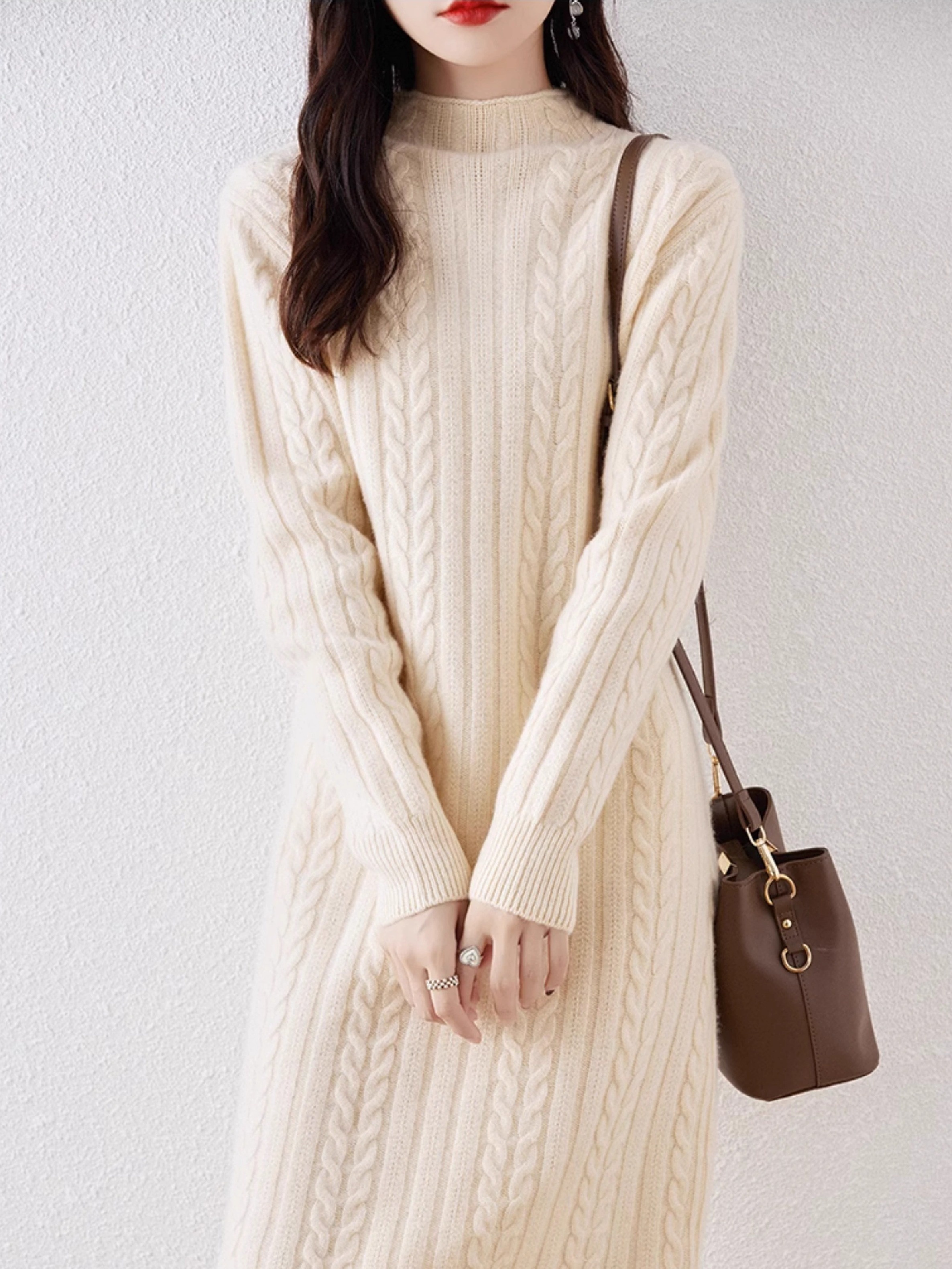 knee length dresses for ladies Solid Colored Loose Knit Dress with Turtleneck and Long Sleeves main image 0