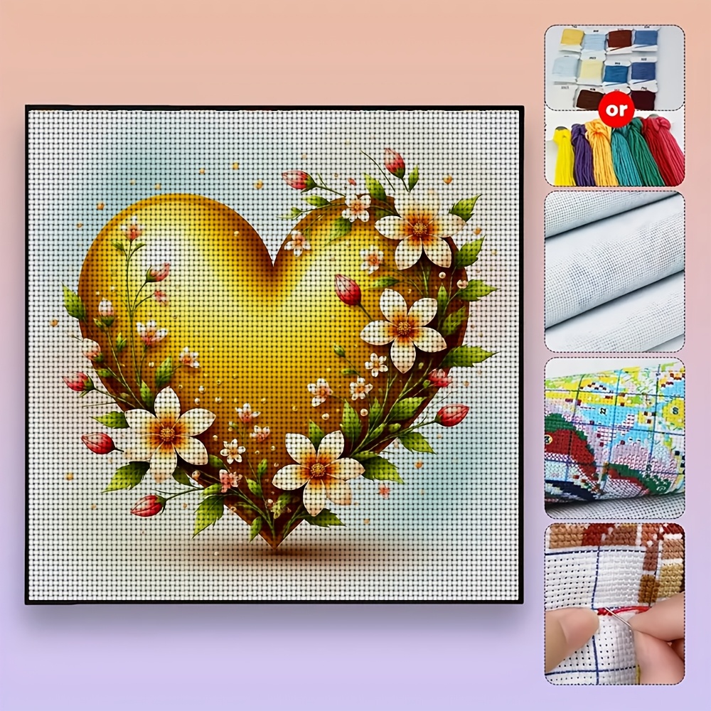 DIY Cross-Stitch Printed Kit, Golden Heart with Floral Pattern