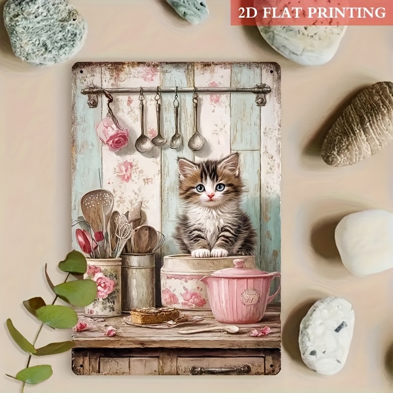 TEMU 2d Flat, 2d Vintage Kitchen Cat Wall Art - Charming Wooden Decorative Sign With A Kitten And Teapot Design, Measuring 7.87 X 5.91 Inches,
