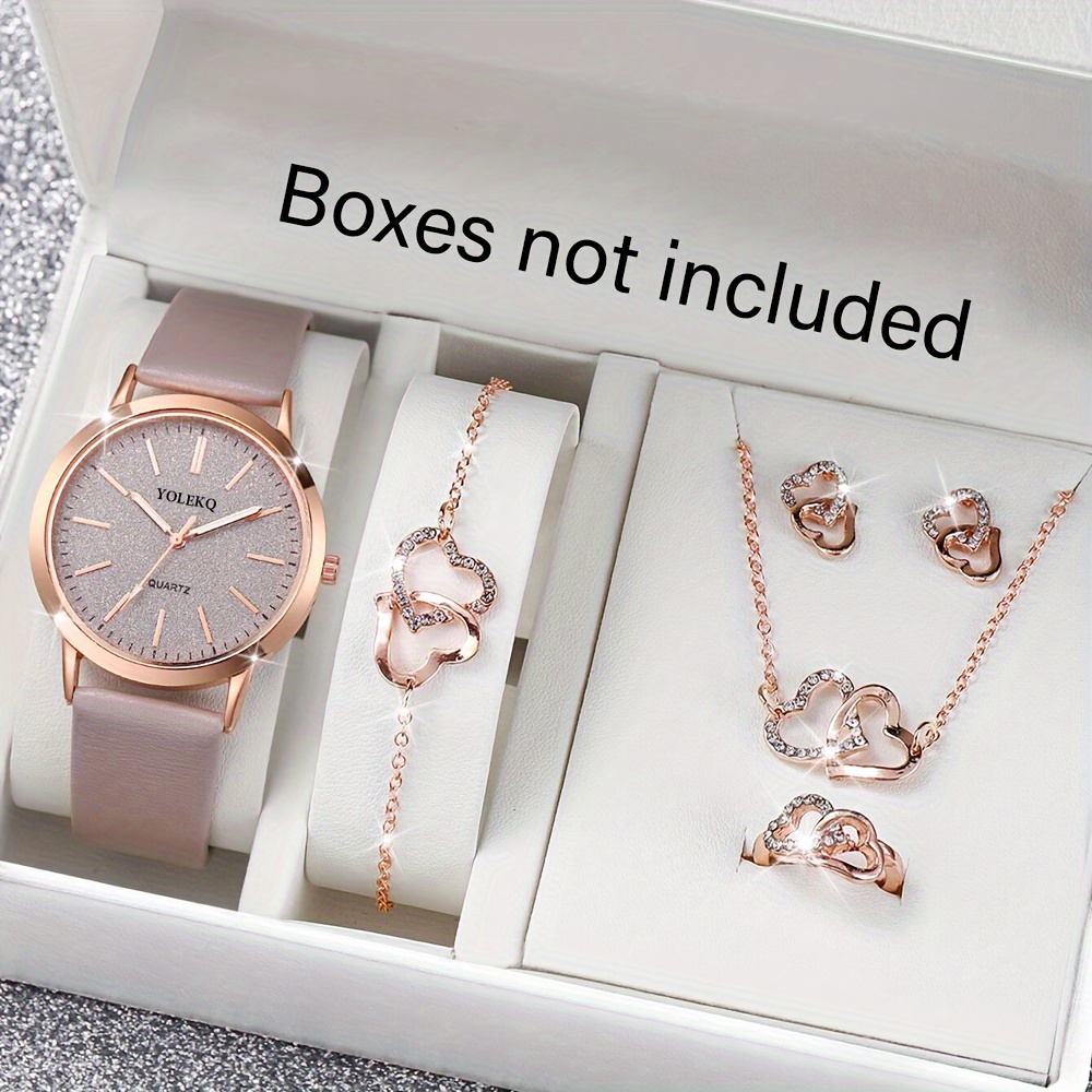 

6pcs Quartz Watches For Women Pu Leather Wrist Watch Alloy Pointer Heart Jewelry Set Great Gift For Her Mom Girlfriend