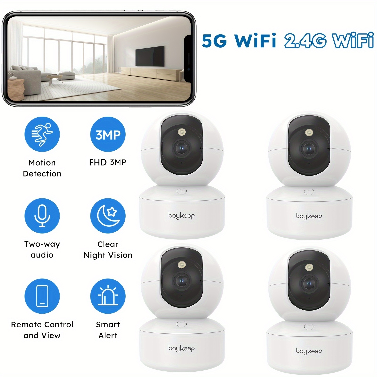 Image of 4pcs Boykeep Indoor Security Camera, 5g/2.4ghz Wifi Cameras For Baby, Camera With Phone App, 360° Pan & Tilt, 2-way Audio, Color Night Vision, New Version W/ 12s Free Cloud Storage