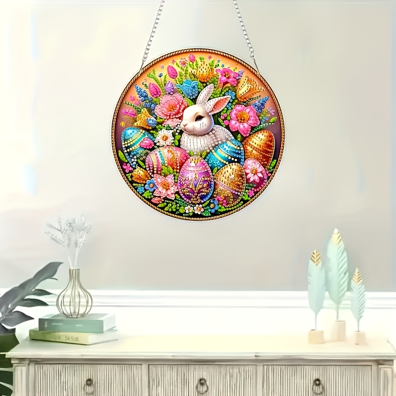 Rabbit Diamond Painting Kit, Special Shape Acrylic Diy 5d Pendant, Home Door Wall Decoration Craft, Easter Theme Hanging Ornament