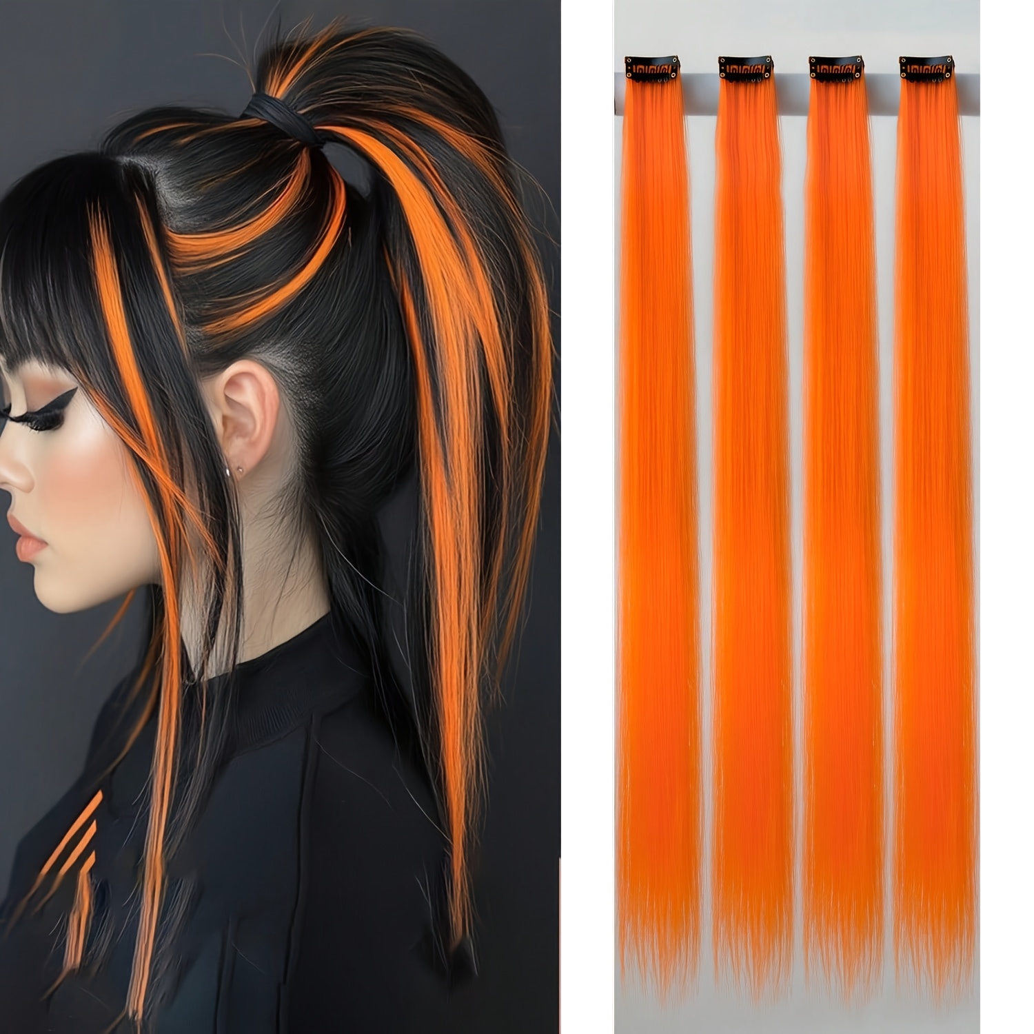 TEMU 4pcs Y2K Color Hair Clip, 20 pouces Colorful Hair Extension Fête Highlight Long Straight Synthetic Hair Additions Hair Clips Mode Fête Jeu de