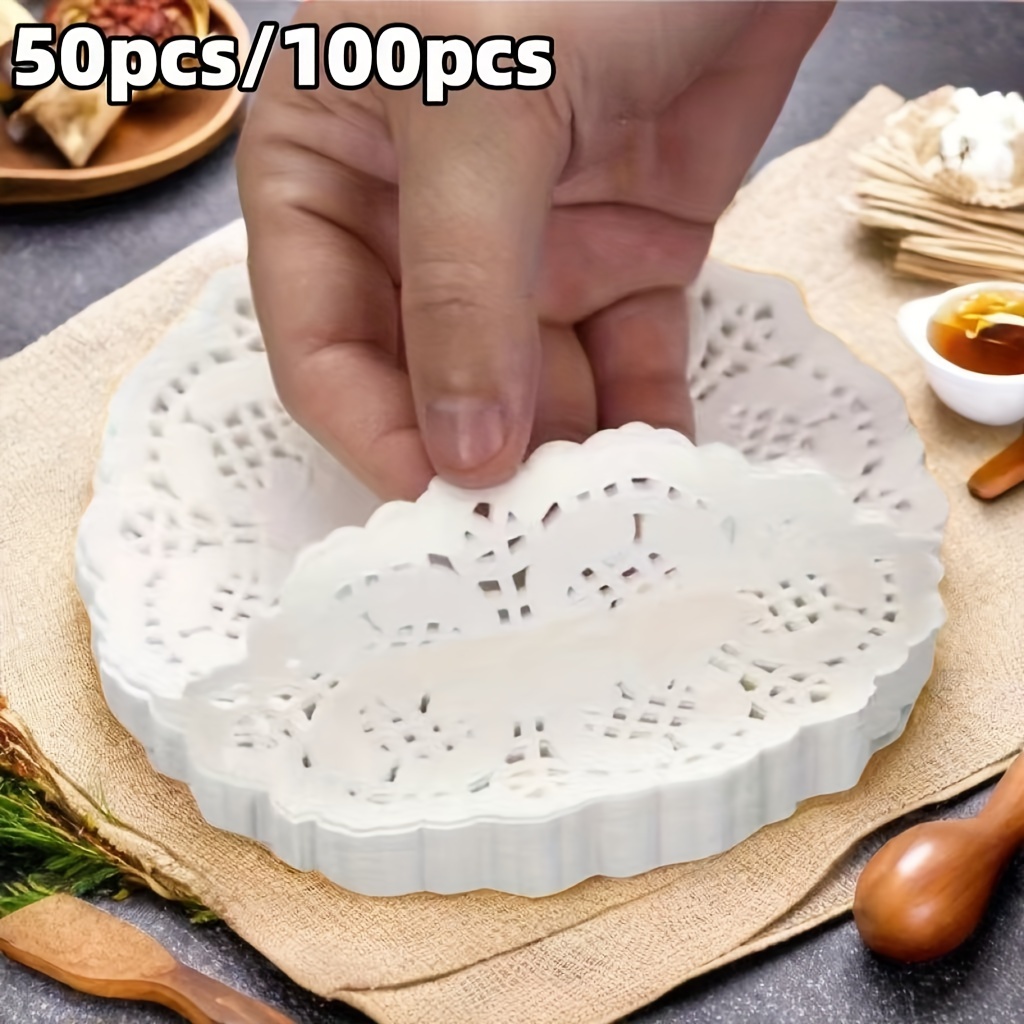 

50pcs/100pcs Round Paper Mats - Lace Cupcake Liners For Desserts, Fried Food, Cookies - Party, Wedding Table Decor - Baking Supplies & Kitchen Accessories