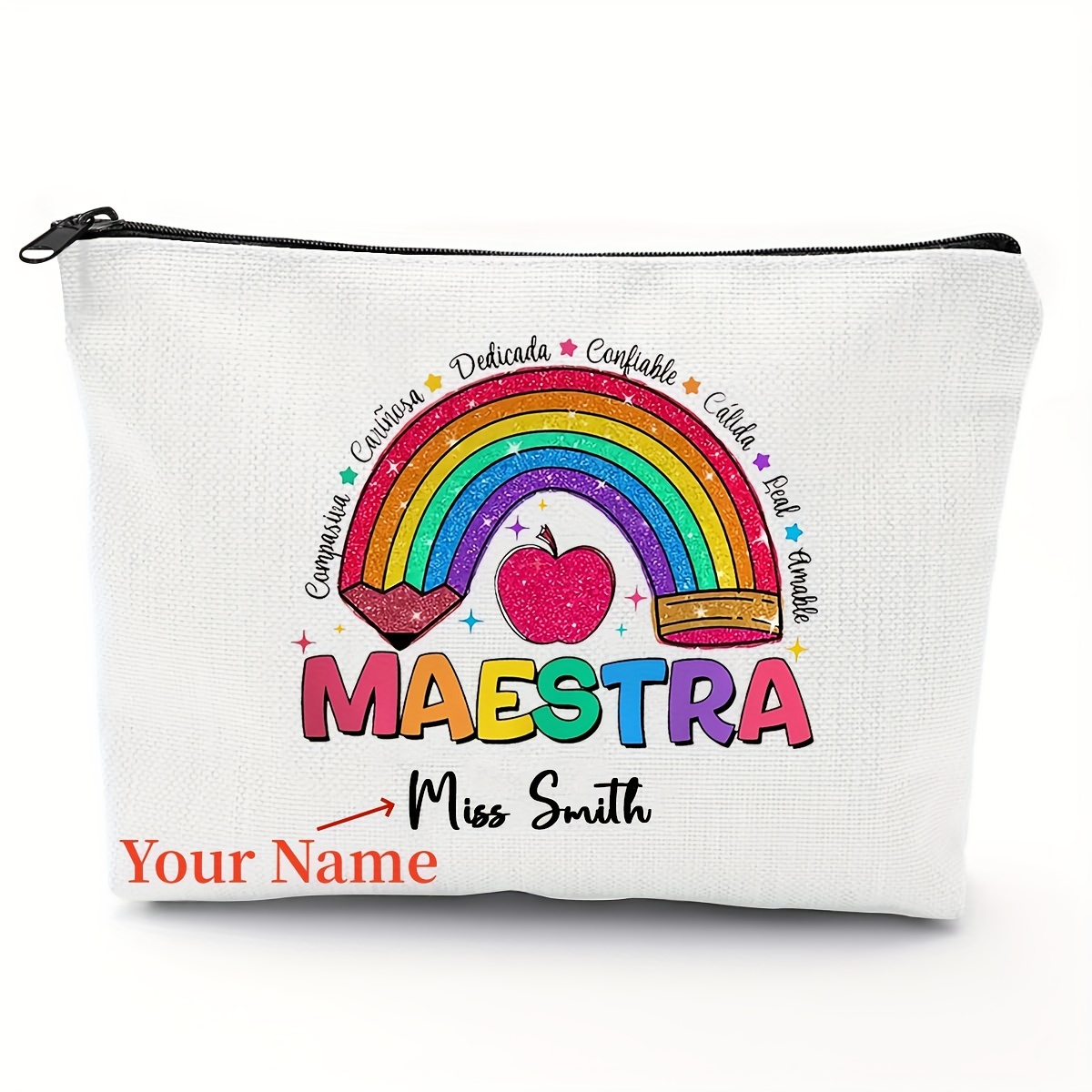 

Personalized Rainbow Printed Canvas Makeup Bag For Teachers - Celebrate Your Favorite Educator With A Festive Gift - Perfect For Back To School Season