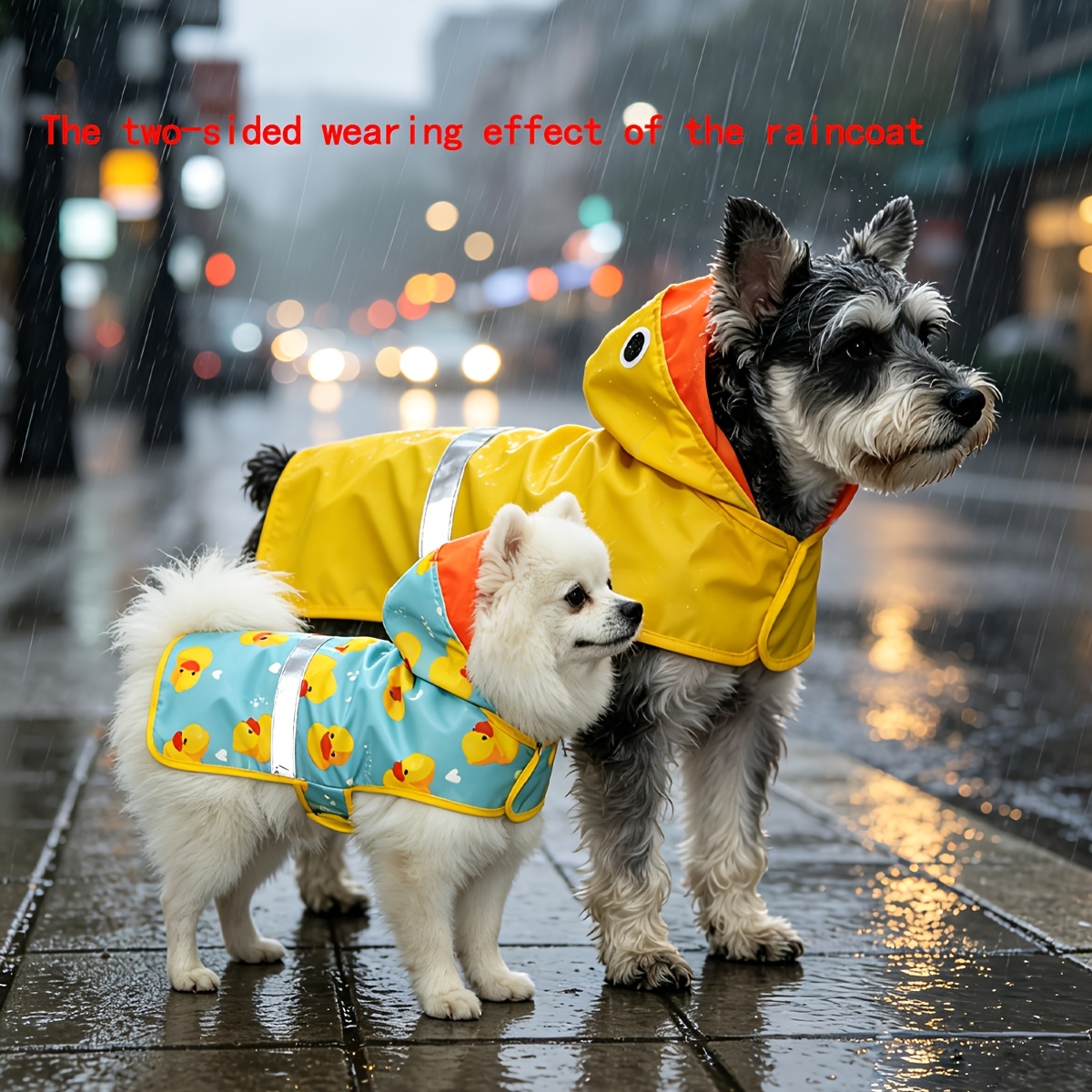 TEMU 1pc Reversible Yellow Raincoat Cute Cartoon Print Hooded Jacket Adjustable Reflective Strip Pet Rain Gear For Small Medium Large Dogs