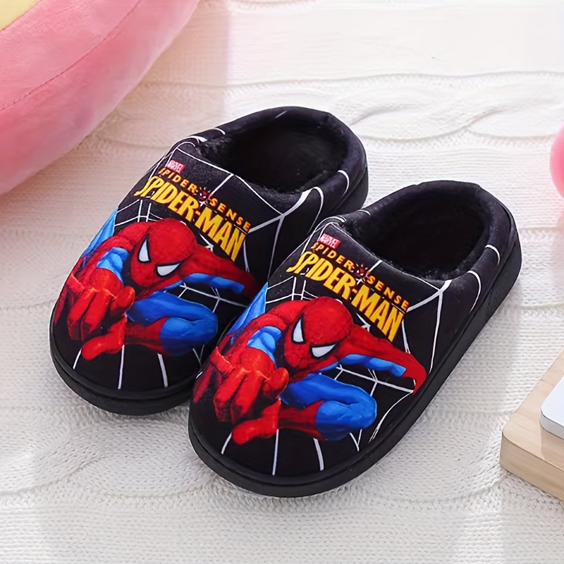 Pair of Kids' Plush Slippers with Spider-Man Print Design, New Autumn/Winter Style for Boys - Black/Blue/Red Options, Easy Slip-On Baby Shoes, Lightweight and Comfortable Indoor Floor Mats, Perfect Holiday Gift, Ideal for Fall Winter Summer, Fashion Statement, Winter Accessory, Cartoon Print, Kids Footwear, for Teenager, for Outdoor