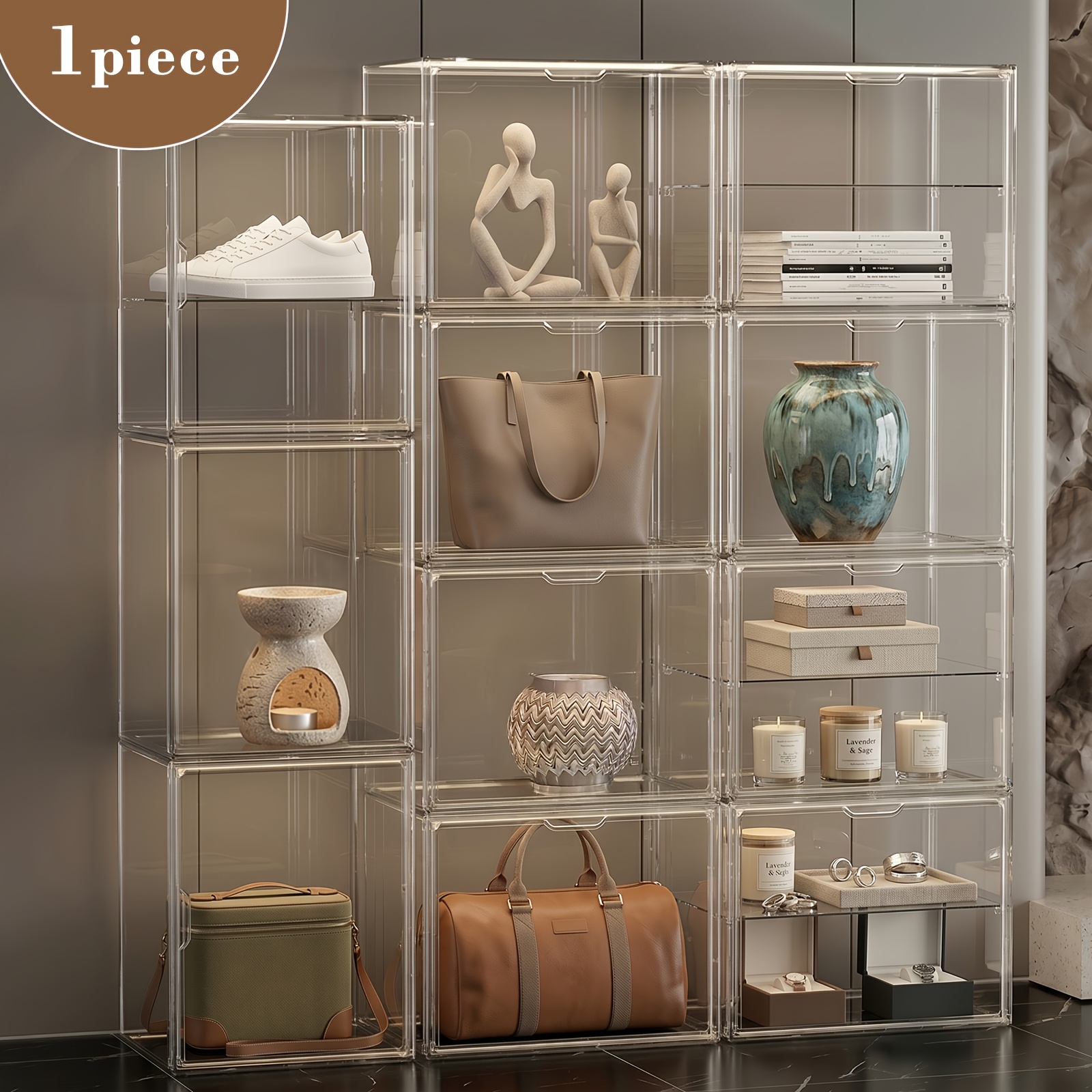 3 tier acrylic display case with magnetic door clear dustproof showcase for collectibles with 2 removable dividers stackable storage box for figures shoes handbags