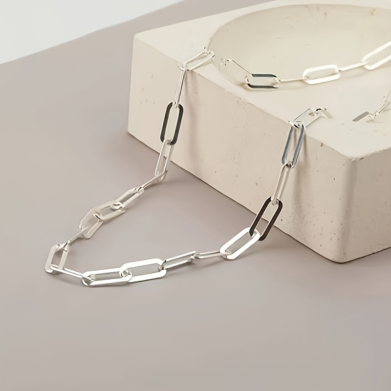 TEMU Sleek Geometric Silvery Statement Necklace - Polished Large Oval Link Chain With Matte Contrast For Minimalist