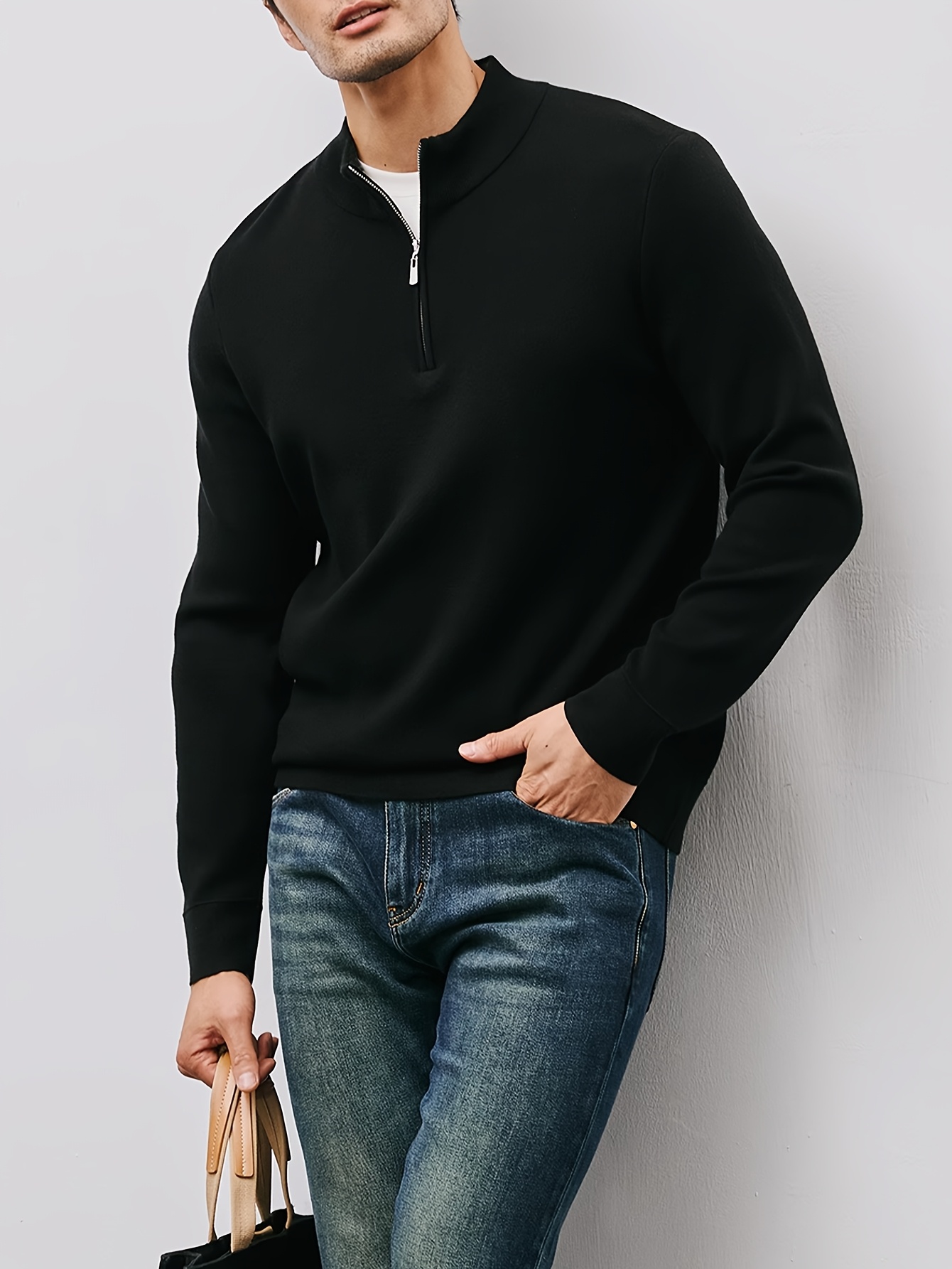 Men'S Business Casual Warm Solid Color Zip-Up Stand Collar Sweater, Men'S Fall Winter Turtleneck Long Sleeve Knit Top, Sweater, Turtleneck Shirt, Clothing