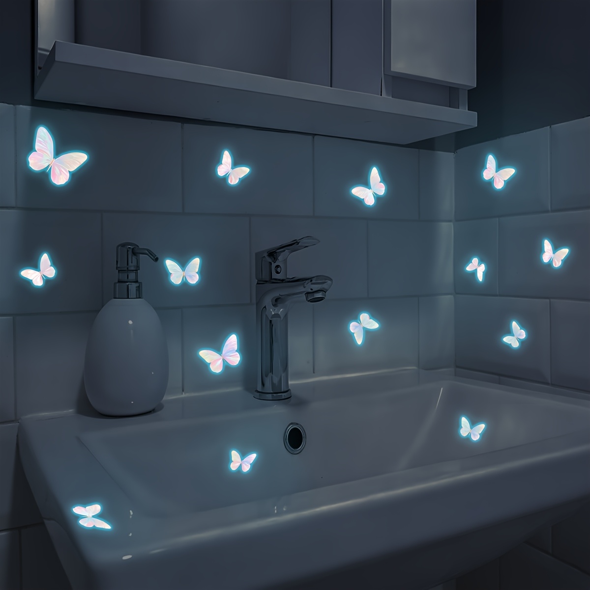 Image of Blue -the-dark Bathroom Wall Sticker Decoration, 1 Sheet Of 7pcs -the-dark Stickers, Suitable For Sink, Ceramic Wall Surface, Decoration, And To Makeup Mirror