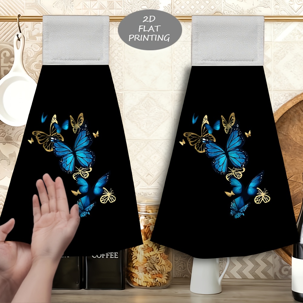 TEMU 2pcs Hanging Hand Towel With Blue Pattern Print, Multifunctional Towel, Soft Microfiber Material, Quick-drying, Suitable For Bathrooms,